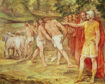 Romulus som markerer grensene for Roma, fra Sala dei Horatii og Curatii (fresco) av Giuseppe Cesari