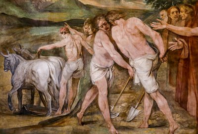 Romulus pløyer grenselinjen rundt den fremtidige byen Roma (detalj) av Giuseppe Cesari