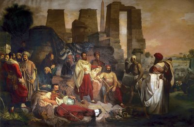 Egyptolog Jean Francois Champollion sitter i sentrum, omgitt av Ippolito Rosellini og Gaetano Rossellini av Giuseppe Angelelli