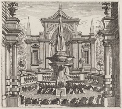 Fantastisk hage med en fontene og en hagepaviljong av Giuseppe Antonio Landi