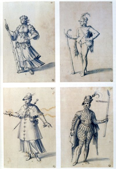 Kostymedesign for allegoriske figurer. Guiseppe Arcimboldo (ca. 1530–1593) italiensk maler. Penn, blått blekk og akvarell på papir. av Giuseppe Arcimboldo