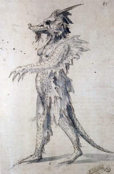 Design for en drage (penn, blått blekk og akvarell på papir) av Giuseppe Arcimboldo