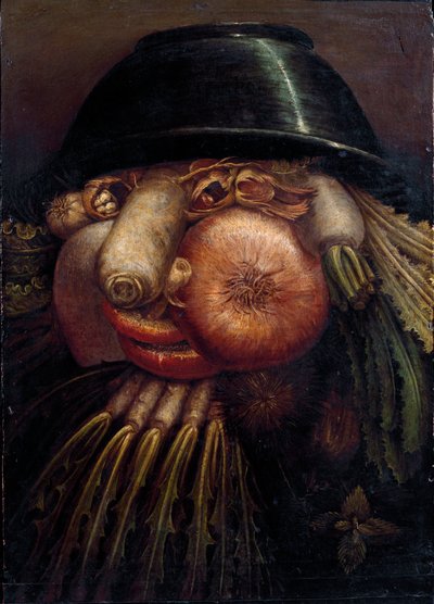 Portrett med grønnsaker (The Maraicher). Blant grønnsakene og fruktene representert: nøtter, reddik, sopp, hvitløk, kastanje, løk, salat, hasselnøtt og kålrot. Maleri av Giuseppe Arcimboldi (Arcimboldo) (1527-1593) Cremona, Pinacoteca Comunale av Giuseppe Arcimboldo