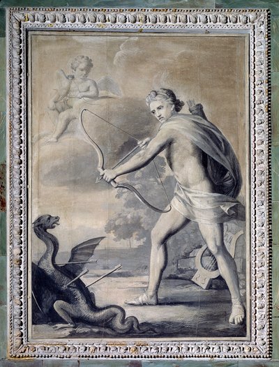 Apollon dreper slangen Python (monokrom tegning av Giuseppe Bacigalupo