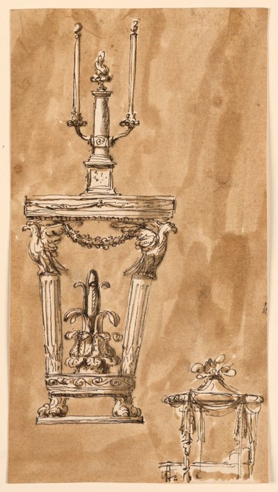 Design for et konsollbord med lysestake og en seng av Giuseppe Barberi