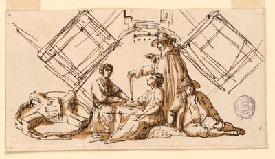 Del av et ark av en tegnebok: figurer og arkitektoniske planer av Giuseppe Barberi
