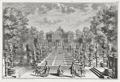 Oppsetting for en opera i en hage, fra Architectus Theatralis Primarius, gravert av Johann Andreas Pfeffel (1674-1748), utgitt 1740 av Giuseppe Bibiena