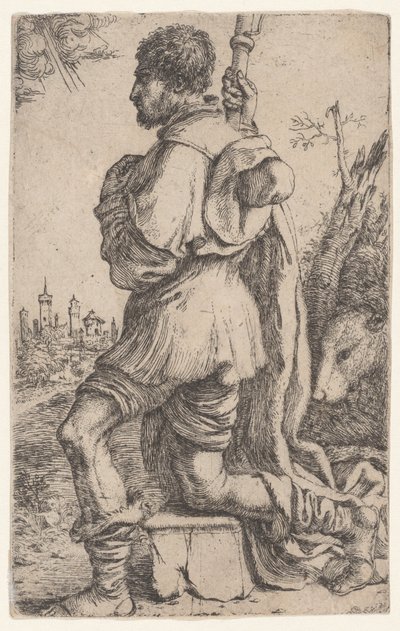 Saint Roch, knelende på en stein, sett fra siden med hunden bak seg..., 1620-30. av Giuseppe Caletti