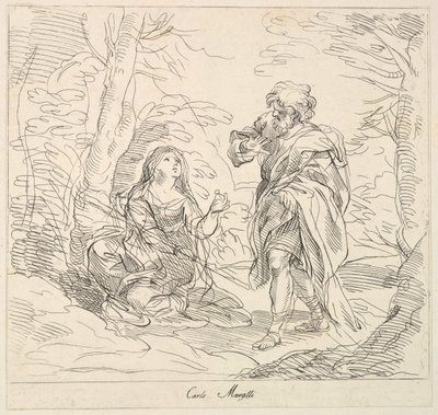 Sittende kvinne og skjeggete mann i et landskap, 1740-1802. av Giuseppe Canale
