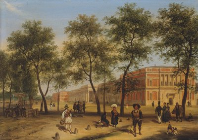 Antatt utsikt over Paseo del Prado med Prado-museet, Madrid, 1827 av Giuseppe Canella