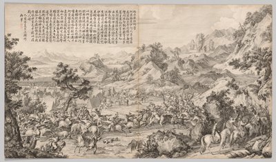 Å angripe leiren ved Gatan Ola: fra Battle Scenes of the Quelling of Rebellions in the Western Region, med keiserlige dikt av Giuseppe Castiglione