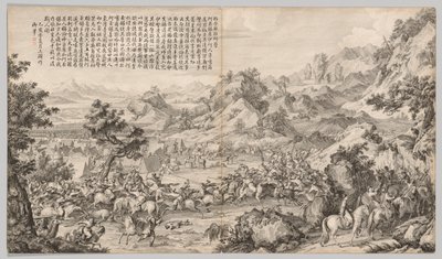 Å angripe leiren ved Gatan Ola: fra Battle Scenes of the Quelling of Rebellions..., ca. 1765-1774. av Giuseppe Castiglione