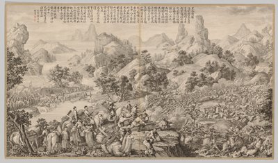 Breaking Through the Siege at Hesui: fra Battle Scenes of the Quelling of Rebellions in the Western Regions, med imperialistiske dikt av Giuseppe Castiglione