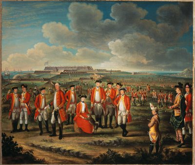 Lady Louisa Lennox med ektemannens regiment, 25th Regiment of Foot, med Lord George Lennox ved siden av seg, og Fort St Philip, Port Mahon, i bakgrunnen, ca. 1771 av Giuseppe Chiesa