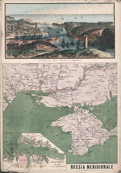 Kart over Sør-Russland med utsikt over Sevastopol-bukten og dens festningsverk, 1853. av Giuseppe Civelli