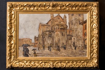Piazza Grande in the Rain (olje på kryssfiner) av Giuseppe Graziosi