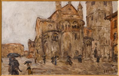 Piazza Grande in the Rain (olje på kryssfiner) av Giuseppe Graziosi