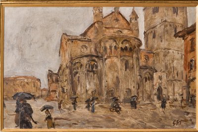 Piazza Grande in the Rain (olje på kryssfiner) av Giuseppe Graziosi