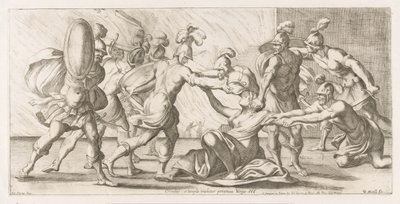 Grieken sleuren Cassandra uit de tempel Crinibus : à templo trahitur Priamea Jomfruen (tittel på objekt) Omzwervingen van Aeneas (serietittel) L'Enea Vagante maleri dei Caracci (serietittel) av Giuseppe Maria Mitelli