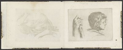 Hånd med en trepinne og hode til en gutt Tegningseksempler (serietittel) Mitelli intaglio (serietittel) av Giuseppe Maria Mitelli