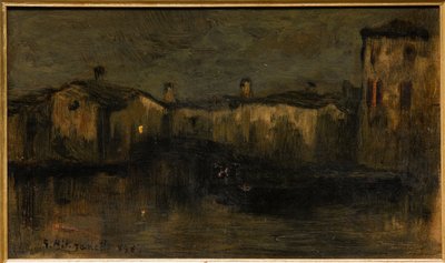 Landskap med hus (olje på papp) av Giuseppe Miti Zanetti