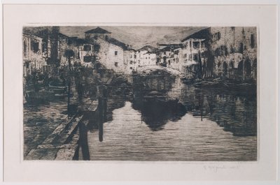 Fiskemarkedskanalen i Chioggia (radering på hvitt papir) av Giuseppe Miti Zanetti