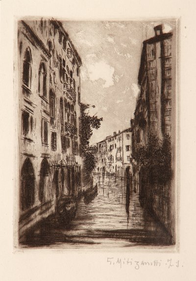 Venetiansk kanal (etsing på hvitt papir) av Giuseppe Miti Zanetti