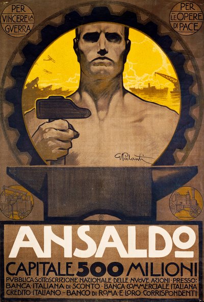 Arbeider med hammer og ambolt, plakat av Ansaldo fra Genova for tegning av nye aksjer av Giuseppe Palanti