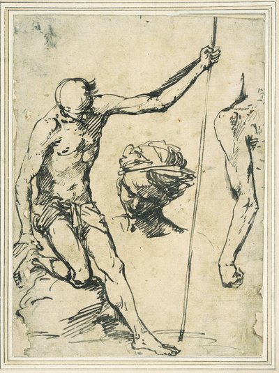 Figurstudier: mann som holder en stang, hodet til en mann med turban og venstre arm sett bakfra av Giuseppe Ribera