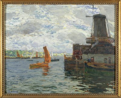 Vindmølle i Dordrecht (olje på kort) av Giuseppe Sacheri