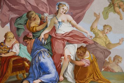 Representasjoner av myten om Diana, av Domenico og Giuseppe Valeriani, freskomaleri, hvelvet tak på soverommet, Kongens leilighet, Jaktbolig, av Filippo Juvarra (1678-1736), Stupinigi, Piemonte, Italia av Giuseppe and Valeriani Domenico Valeriani