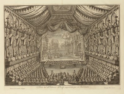 Fremførelsen av La Serenata i det kongelige palasset i Napoli par Vasi, Giuseppe (1710-1782). Kobbergravering, størrelse: 41,5x62 av Giuseppe Vasi