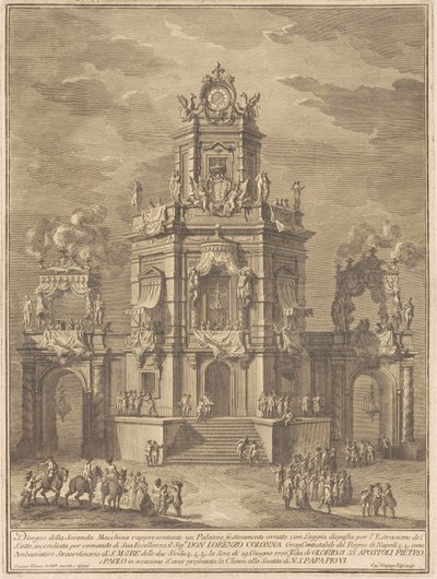Seconda Macchina for Chinea av 1776: Et palass med en loggia for loddtrekningen av Giuseppe Vasi, after Giuseppe Palazzi