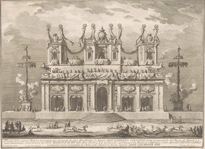 Seconda Macchina for Chinea av 1765: En dekorert bygning med Cockaigne-stenger av Giuseppe Vasi, after Giuseppe Palazzi, after Paolo Posi