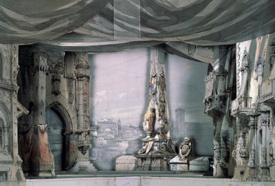 Plass foran katedralen i Valladolid, akt III, scene IV, scenografi av Charles Campon for Don Carlos av Giuseppe Verdi (1813-1901), forestilling i Paris, operahuset Salle Le Peletier, 11. mars av Giuseppe Verdi