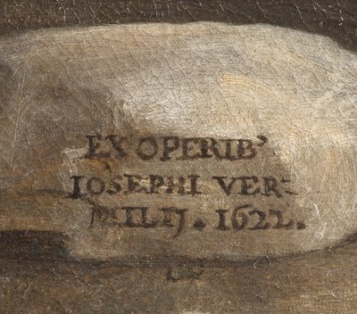 Kunstnerens signatur, Nativity, detalj, 1622 av Giuseppe Vermiglio