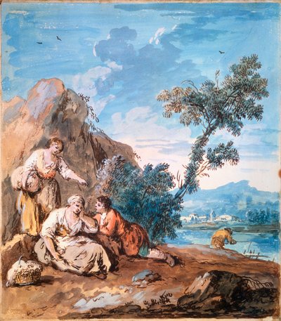 Tre bønder hviler på en elvebredd, c1750. av Giuseppe Zais