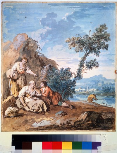 Tre bønder hviler på en elvebredd. Maleri av Giuseppe Zais (1709-1784). Akvarell på papir, 29,5 x 26,2 cm, ca 1750. Venetiansk skole, italiensk maleri 1700-tallet. Pushkin kunstmuseum, av Giuseppe Zais