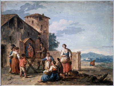 En gruppe bønder foran tabernaklet med den stående Madonna-statuen. Tegning av Giuseppe Zais (1709-1784). Tempera og sepia på papir, 30,2 x 38 cm, ca 1750. Venetian School of av Giuseppe Zais