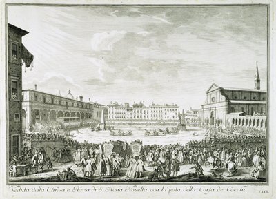 Festen for Corsa dei Cocchi på torget til kirken Santa Maria Novella i Firenze. Tegning av Giuseppe Zocchi (1711-1767). Firenze, Biblioteca Riccardiana. av Giuseppe Zocchi
