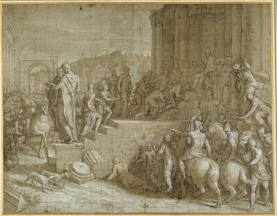 Legenden om syv konger som hyller en pave (penn og brunt blekk med vask og hvit kroppsfarge på carta azzurra) av Giuseppe della Porta Salviati