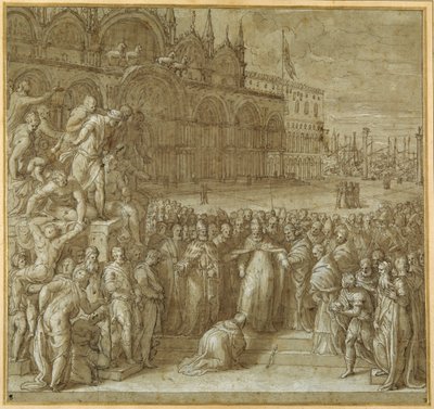 Forsoningen mellom pave Alexander III og Frederick Barbarossa, i nærvær av Doge Sebastiano Ziani (penn og brunt blekk med brun vask og forhøyning) av Giuseppe della Porta Salviati