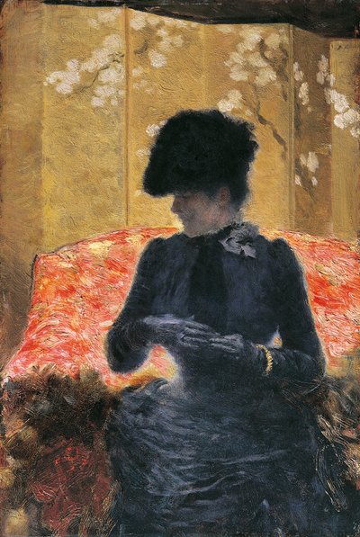 Kvinne på rød sofa av Giuseppe or Joseph de Nittis