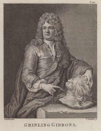 Grinling Gibbons , engelsk treskjærer og billedhugger (gravering) av Godfrey (after) Kneller