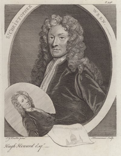 Sir Christopher Wren, engelsk arkitekt, og Hugh Howard, engelsk kunstner og samler (gravering) av Godfrey (after) Kneller