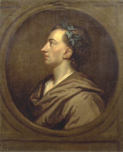 Alexander Pope (1688-1744) profil, kronet med eføy (olje på lerret) av Godfrey (studio of) Kneller