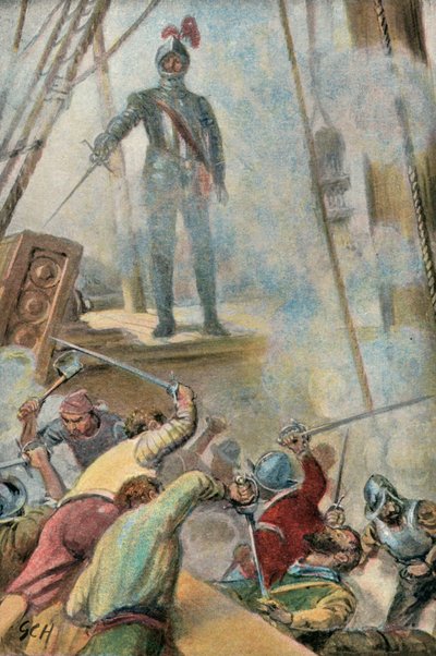 Illustrasjon til Westward Ho! av Charles Kingsley (fargelitografi) av Godfrey C. Hindley