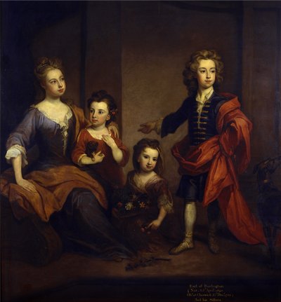 Portrett av Richard Boyle, 3. jarl av Burlington, med sine tre søstre, Elizabeth, Juliana og Jane Boyle, ca. 1700 (olje på lerret) av Godfrey Kneller