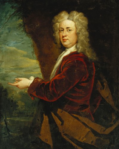 Portrett av en gentleman, stående i halv lengde, iført en rød fløyelsjakke og en brun kappe i en park, av Godfrey Kneller