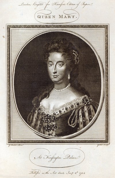 Queen Mary ved Kensington Palace, gravert for Harrisons Edition of Rapin, publisert 8. januar 1785 av Godfrey Kneller